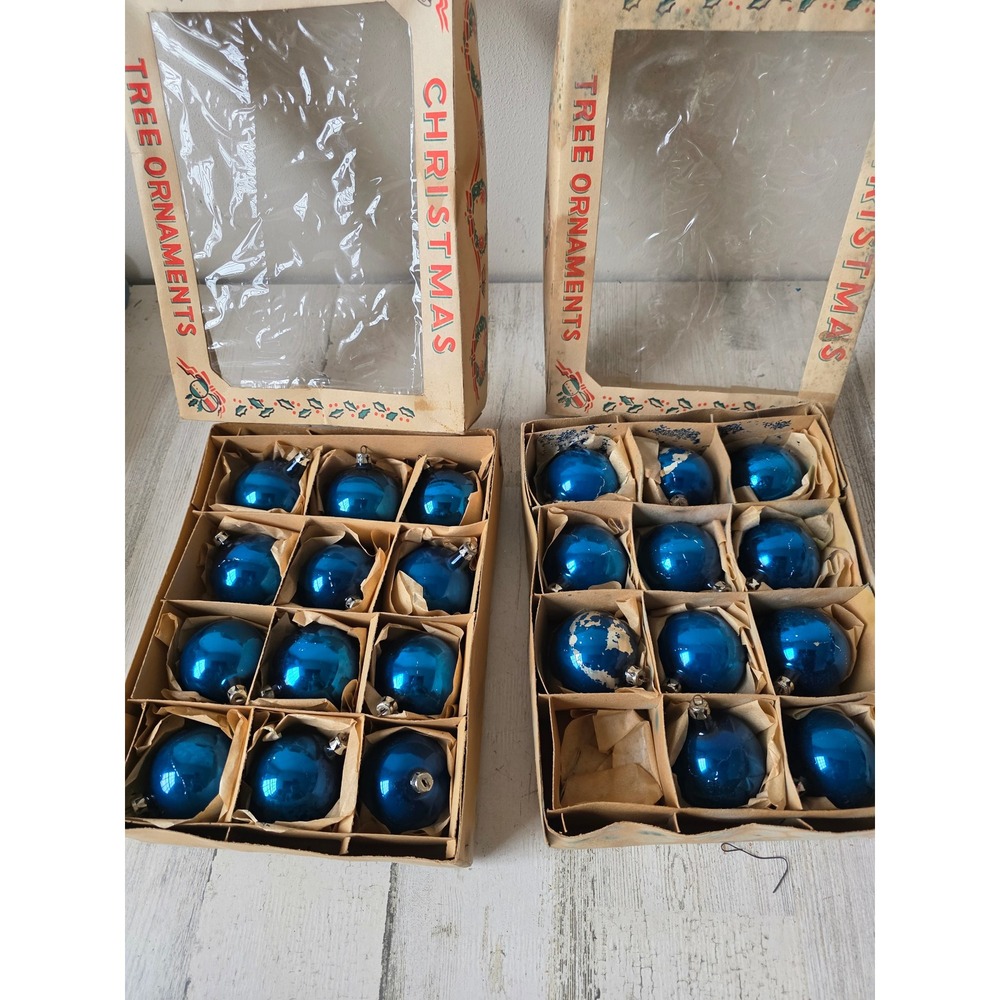 Vintage poland blue solid glass ornament Mercury Xmas tree box set as is